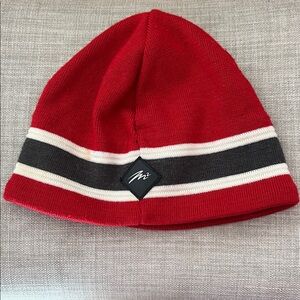 Merkley Red, cream &charcoal Striped wool knit beanie, used
